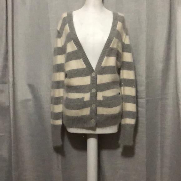 RARE-VS PINK Angora Cardigan-Sz S-Gray&White Stripes-Deep V Neck-EUC - Picture 2 of 16
